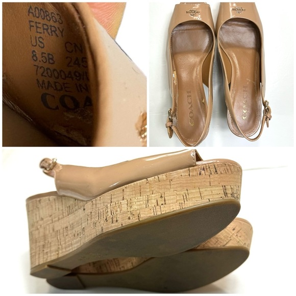 Coach Ferry Cork Wedge Patent Leather Peep toe Slingback Sandals Camel S… - Picture 10 of 11